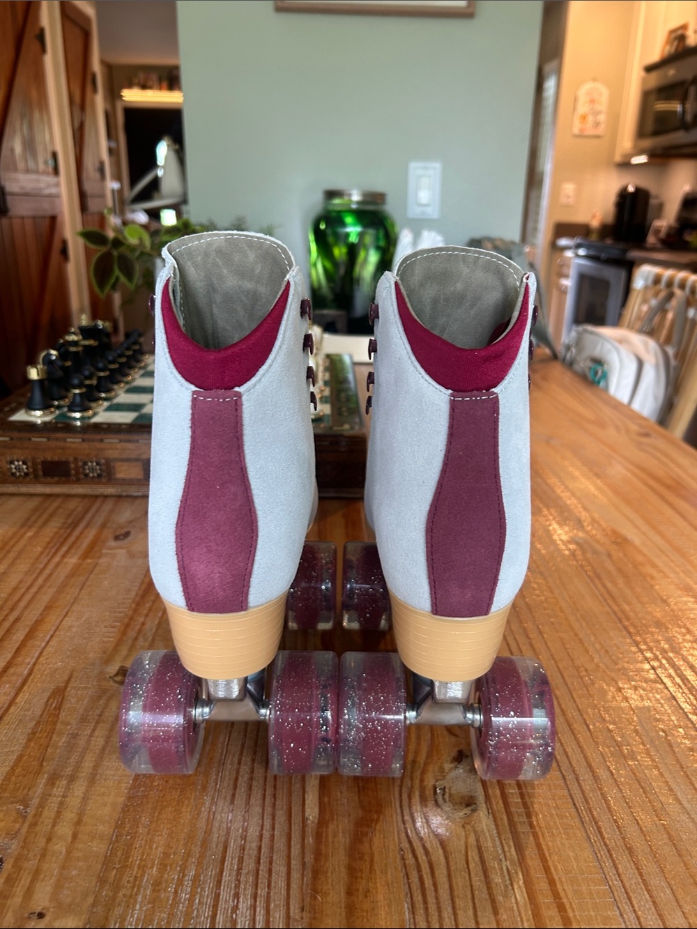 Blue/Gray Suede Roller Skates with Burgundy Accents - Picture 4 of 4